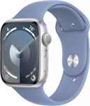 Apple Watch Series 9 45 мм (алюминиевый корпус, серебристый/зимний синий, спортивный силиконовый ремешок S/M) - фото
