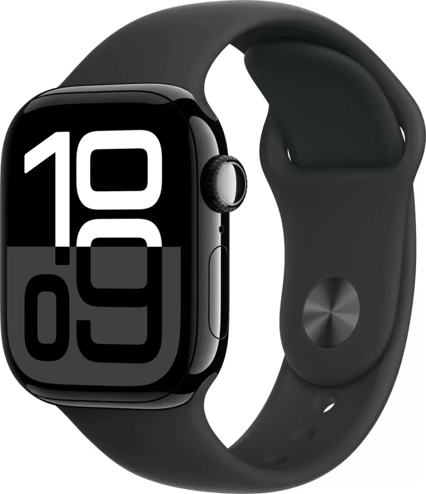 Apple Watch Series 10 42 мм (алюминиевый корпус, черный/черный, спортивный силиконовый ремешок M/L)