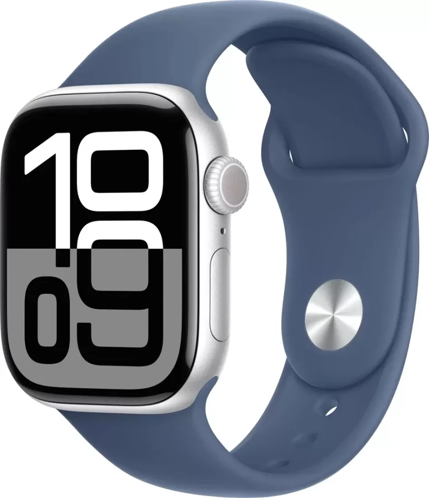 Apple Watch Series 10 42 мм (алюминиевый корпус, серебристый/синий, спортивный силиконовый ремешок S/M)