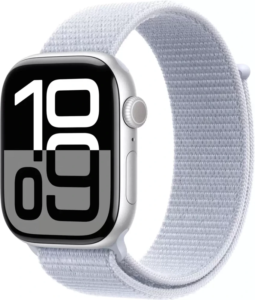 Apple Watch Series 10 46 мм (алюминиевый корпус, серебристый/голубой, нейлоновый ремешок)