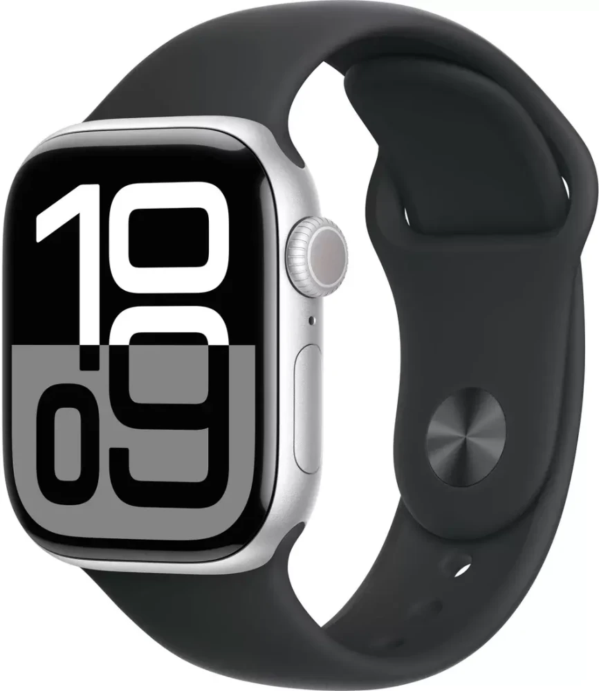 Apple Watch Series 10 46 мм (алюминиевый корпус, серебристый/черный, спортивный силиконовый ремешок M/L)