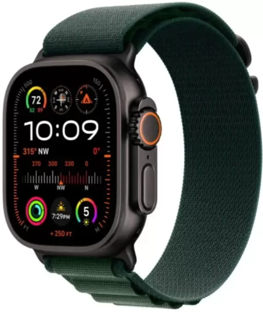 Умные часы Apple Watch Ultra 2 LTE 49 мм (титановый корпус, черный/темно-зеленый, текстильный ремешок размера S)