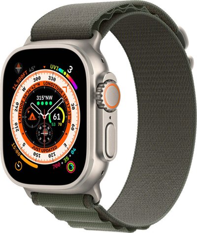 Apple Watch Ultra LTE 49 мм (титановый корпус, титановый/темно-зеленый, текстильный ремешок размера M)