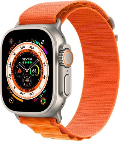 Apple Watch Ultra LTE 49 мм (титановый корпус, титановый/оранжевый, текстильный ремешок размера S)