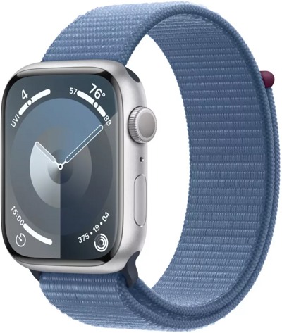 Apple Watch Series 9 45 мм (алюминиевый корпус, серебристый/зимний синий, спортивный нейлоновый ремешок)