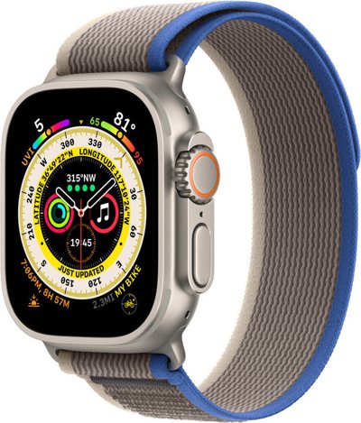 Apple Watch Ultra LTE 49 мм (титановый корпус, титановый/сине-серый, нейлоновый ремешок размера S/M)