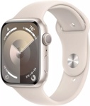Apple Watch Series 9 45 мм (алюминиевый корпус, звездный свет/звездный свет, спортивный силиконовый ремешок S/M) - фото