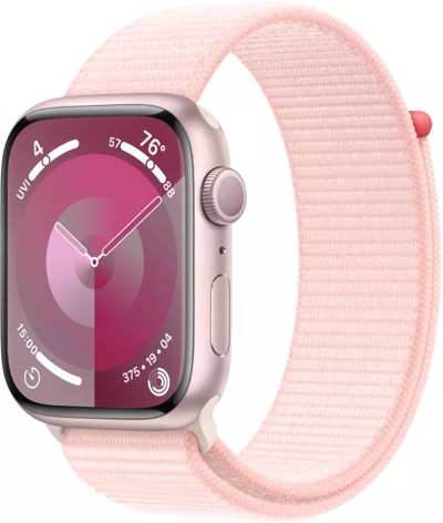 Apple Watch Series 9 45 мм (алюминиевый корпус, розовый/розовый, спортивный нейлоновый ремешок)