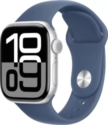 Apple Watch Series 10 46 мм (алюминиевый корпус, серебристый/синий, спортивный силиконовый ремешок M/L) - фото
