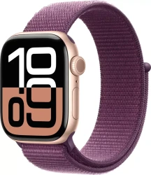 Apple Watch Series 10 42 мм (алюминиевый корпус, розовое золото/сливовый, нейлоновый ремешок) - фото