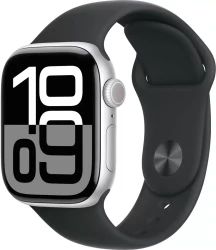 Apple Watch Series 10 46 мм (алюминиевый корпус, серебристый/черный, спортивный силиконовый ремешок S/M) - фото