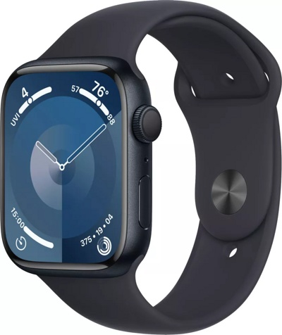 Apple Watch Series 9 45 мм (алюминиевый корпус, полуночный/полуночный, спортивный силиконовый ремешок S/M)