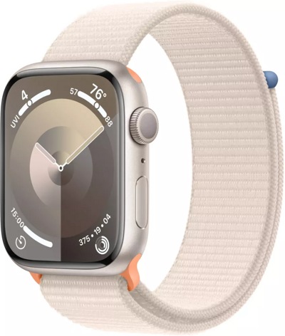 Apple Watch Series 9 45 мм (алюминиевый корпус, звездный свет/звездный свет, спортивный нейлоновый ремешок)